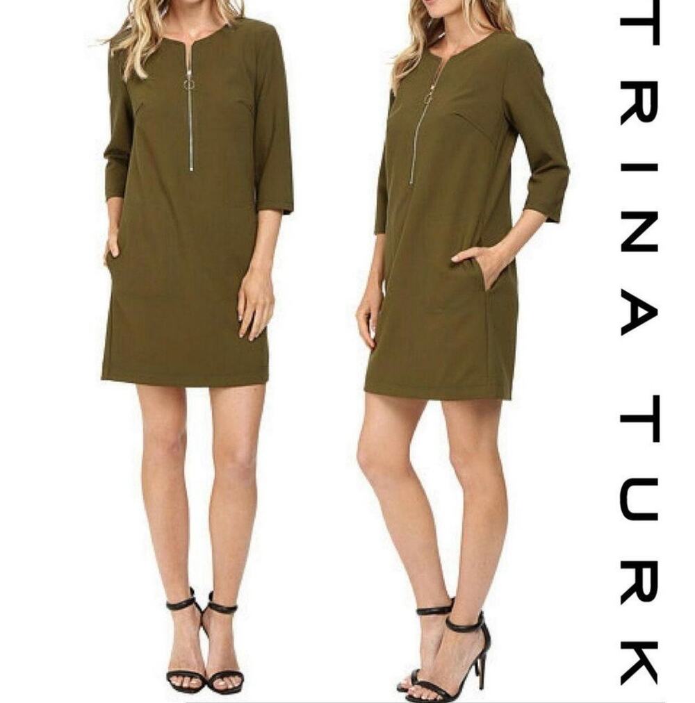 Trina Turk Olive Green Zip Front Shift Dress 3/4 Sleeve Pockets Size 4 USA